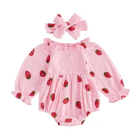Long Sleeve Strawberry Print Romper Set