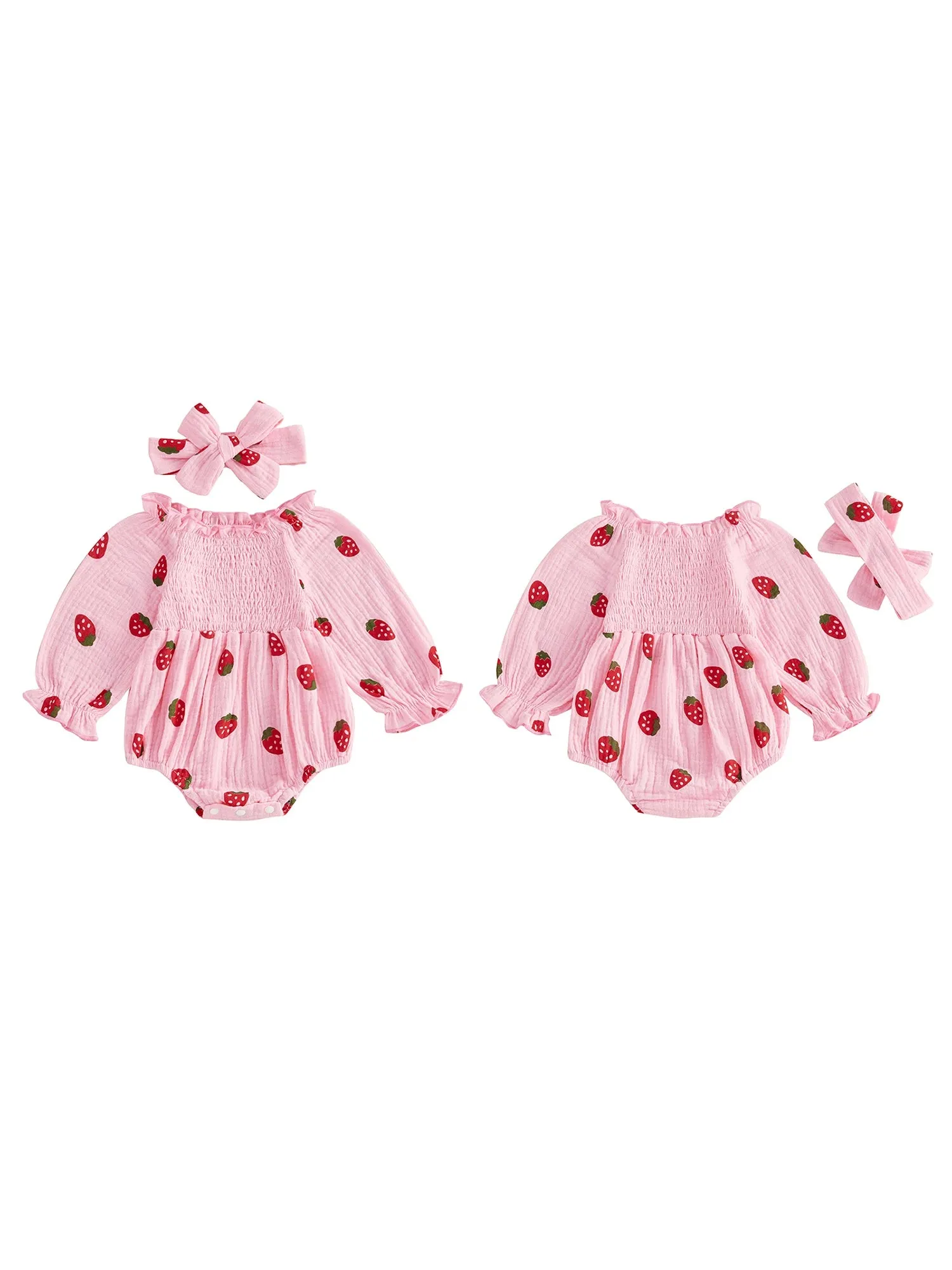Long Sleeve Strawberry Print Romper Set