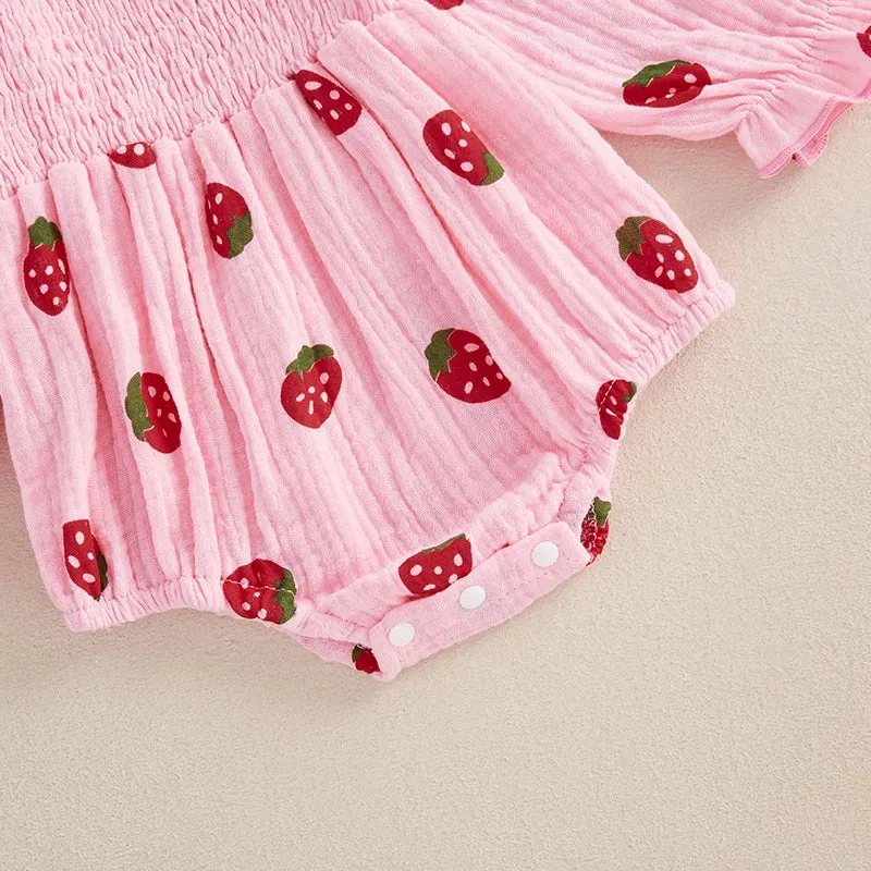 Long Sleeve Strawberry Print Romper Set