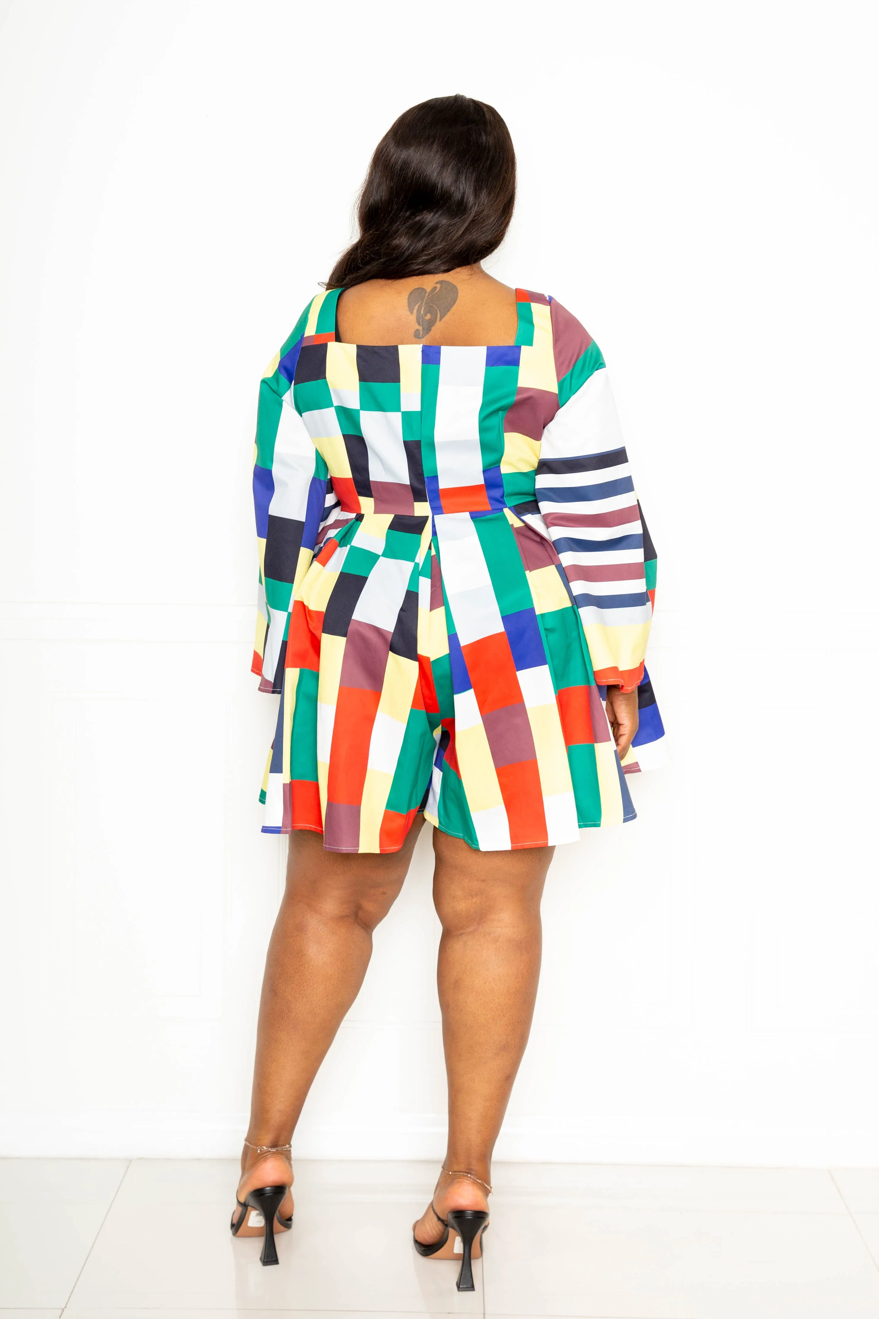 MULTI PLAID SQUARE NECK TIE FRONT ROMPER