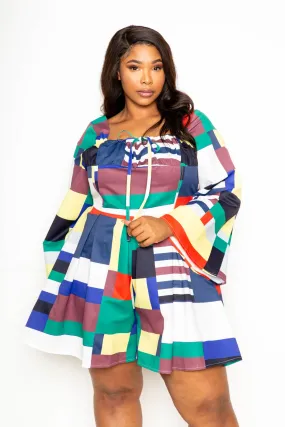 MULTI PLAID SQUARE NECK TIE FRONT ROMPER