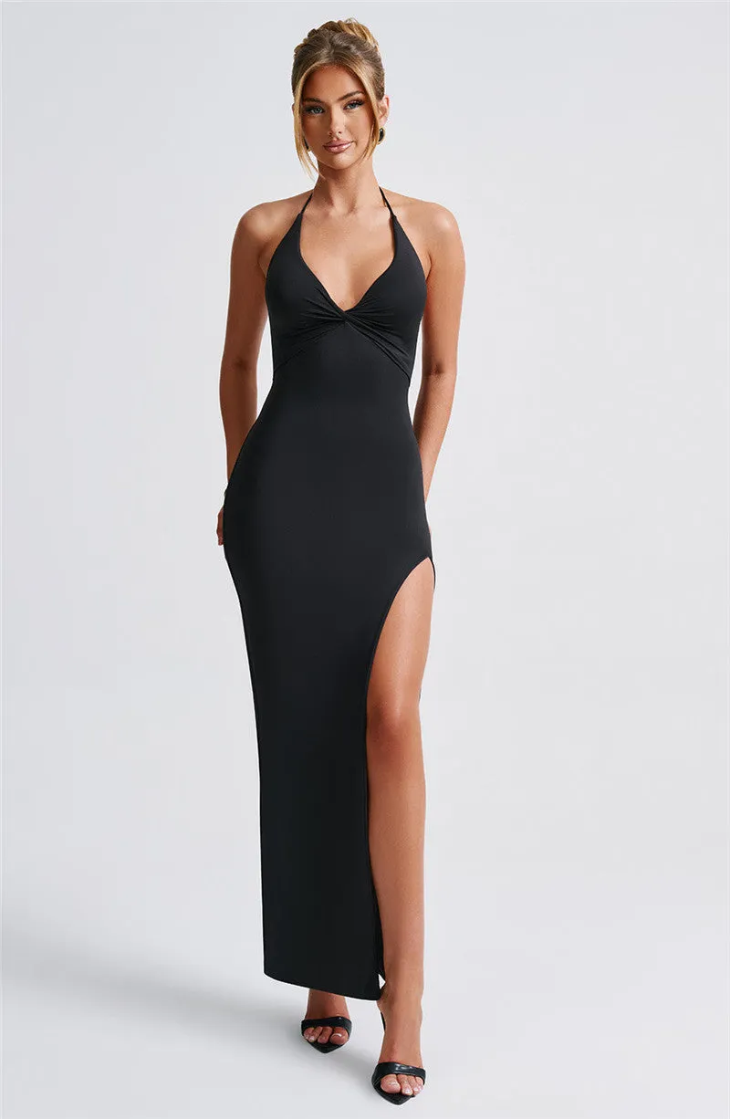 Pamela Woman Halter Thigh High Split Sexy Maxi Dress
