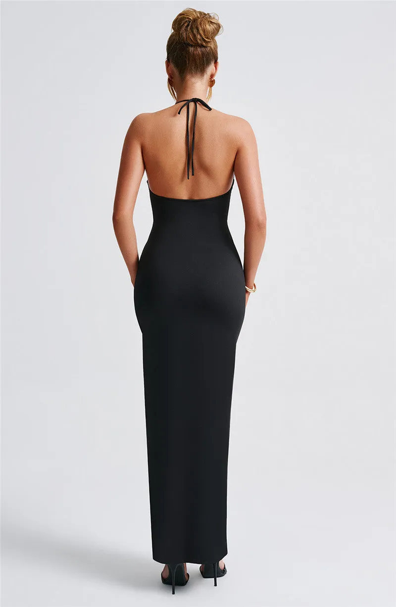 Pamela Woman Halter Thigh High Split Sexy Maxi Dress