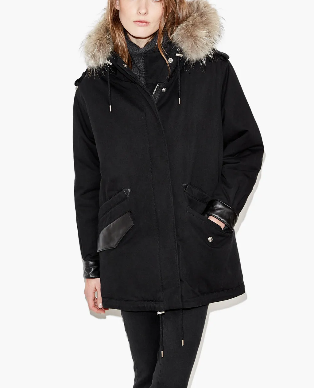 Parka à col fourrure et détails cuir