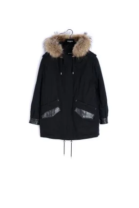 Parka à col fourrure et détails cuir