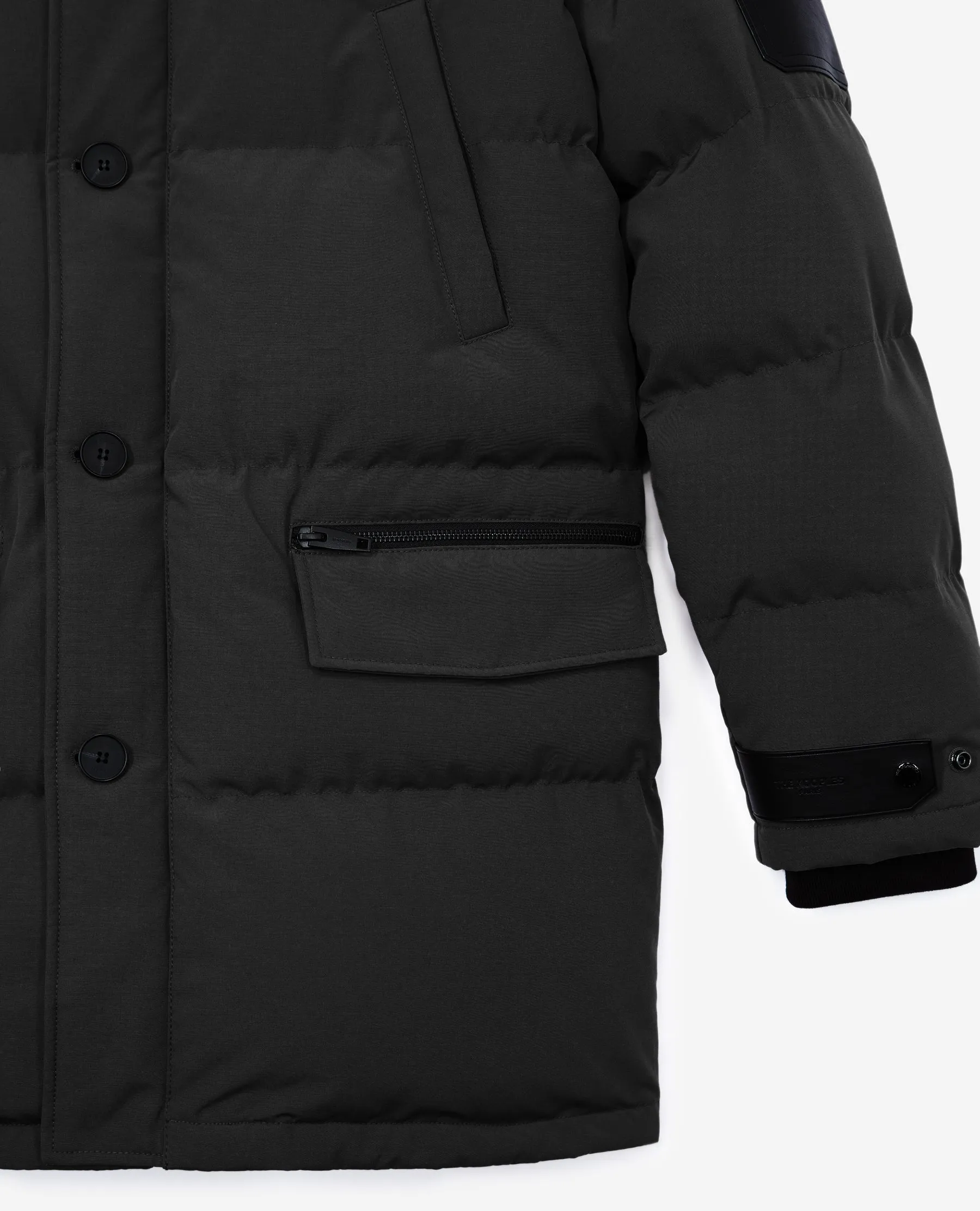 Parka coton noire matelassée détail cuir