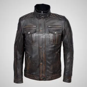 PHAN-TOM Mens Leather Detachable Double Collar Biker Jacket Vintage Black