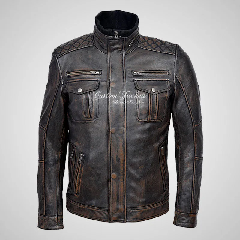 PHAN-TOM Mens Leather Detachable Double Collar Biker Jacket Vintage Black