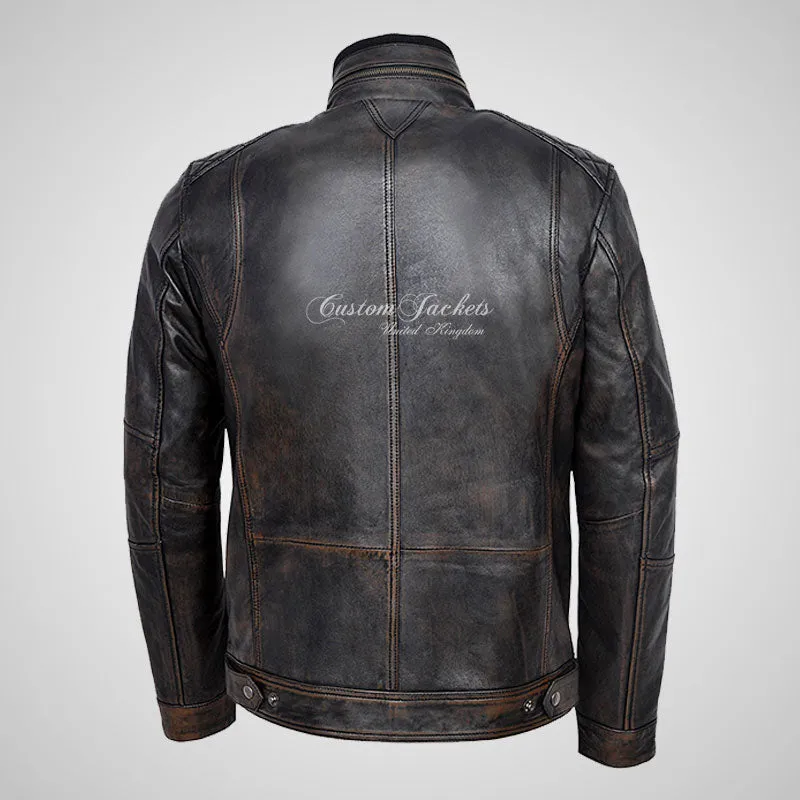 PHAN-TOM Mens Leather Detachable Double Collar Biker Jacket Vintage Black