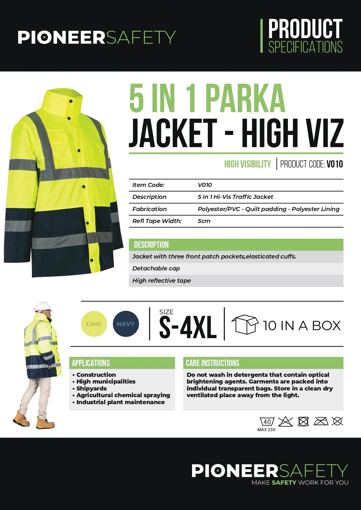PIONEER SAFETY Jacket Parka 5 In 1 Lime/Navy