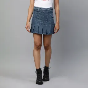 Pleated Denim Mini Skirt