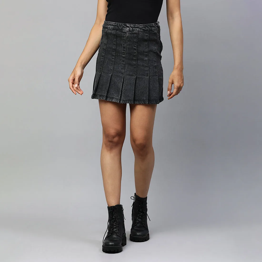 Pleated Denim Mini Skirt