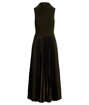 Pleated Sleeveless Mockneck Dress - Green
