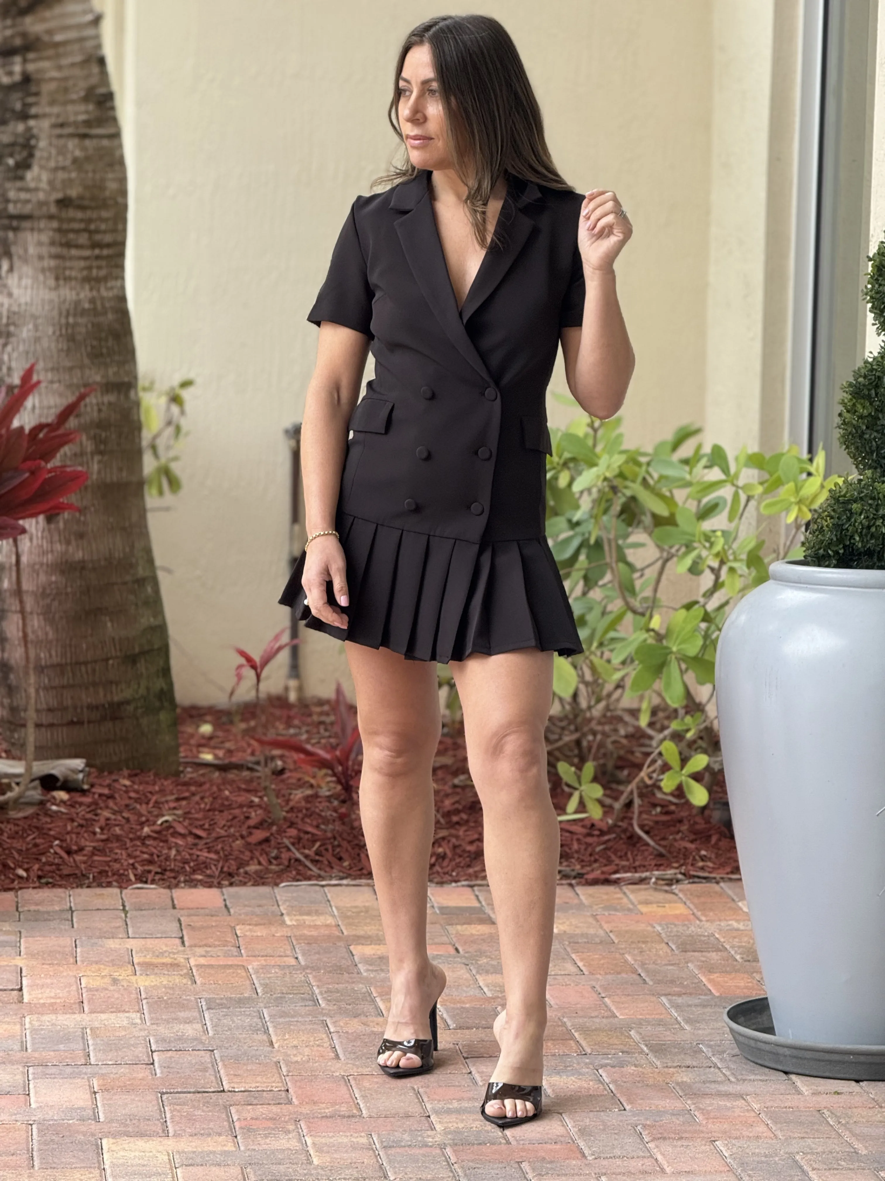 "Nayda" Short Sleeve Woven Tailored Dress With Pleated Skirt