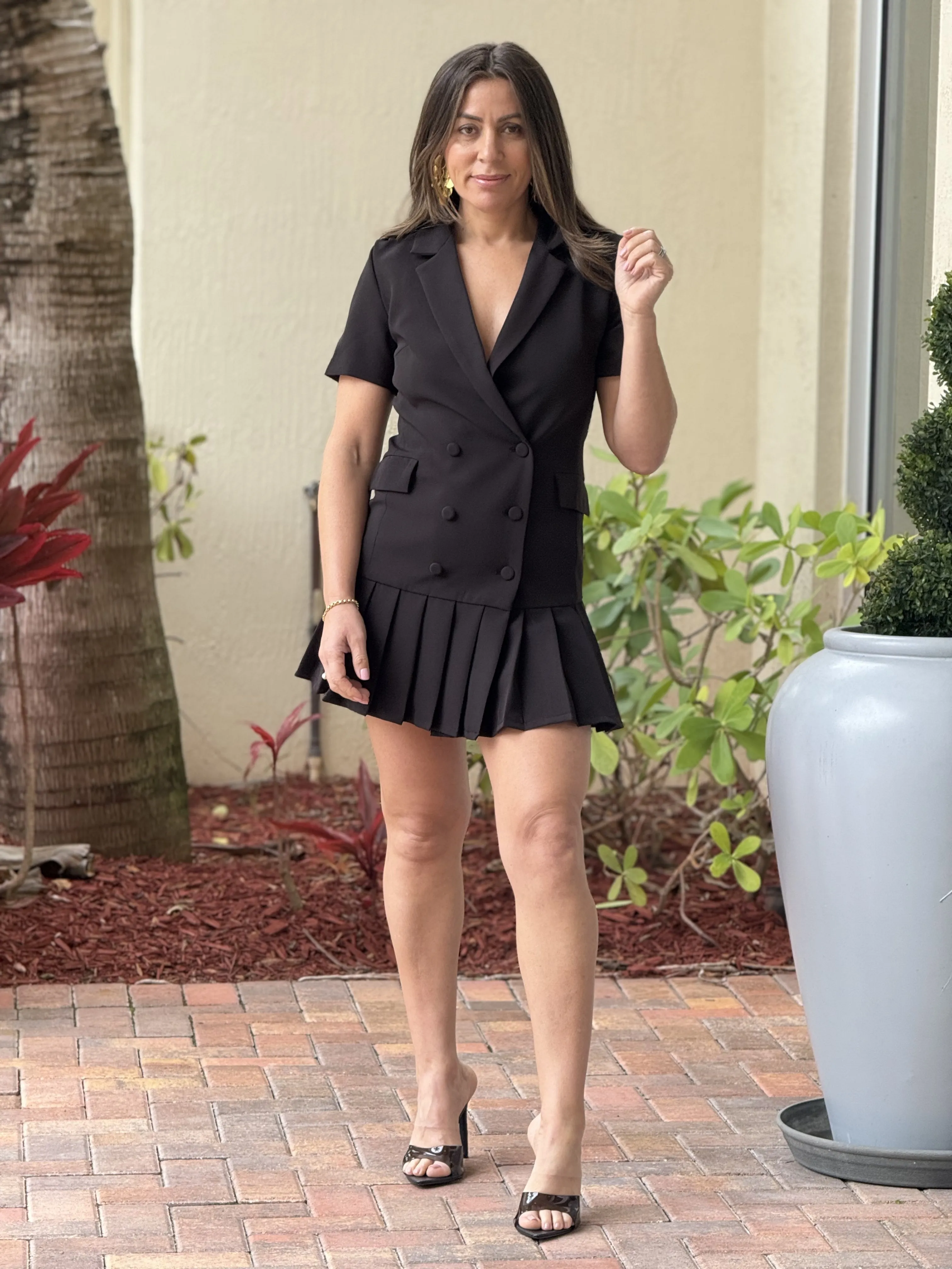 "Nayda" Short Sleeve Woven Tailored Dress With Pleated Skirt