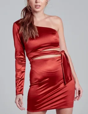 Satin Tie Waist One Shoulder Bodycon Mini Dress