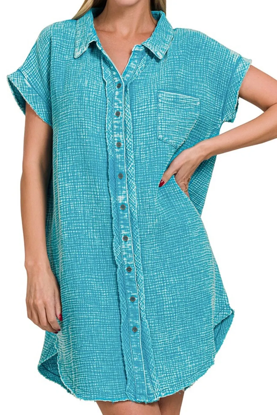 SHORT SLEEVE MINERAL WASH DOUBLE GAUZE BUTTON DOWN SHIRT DRESS