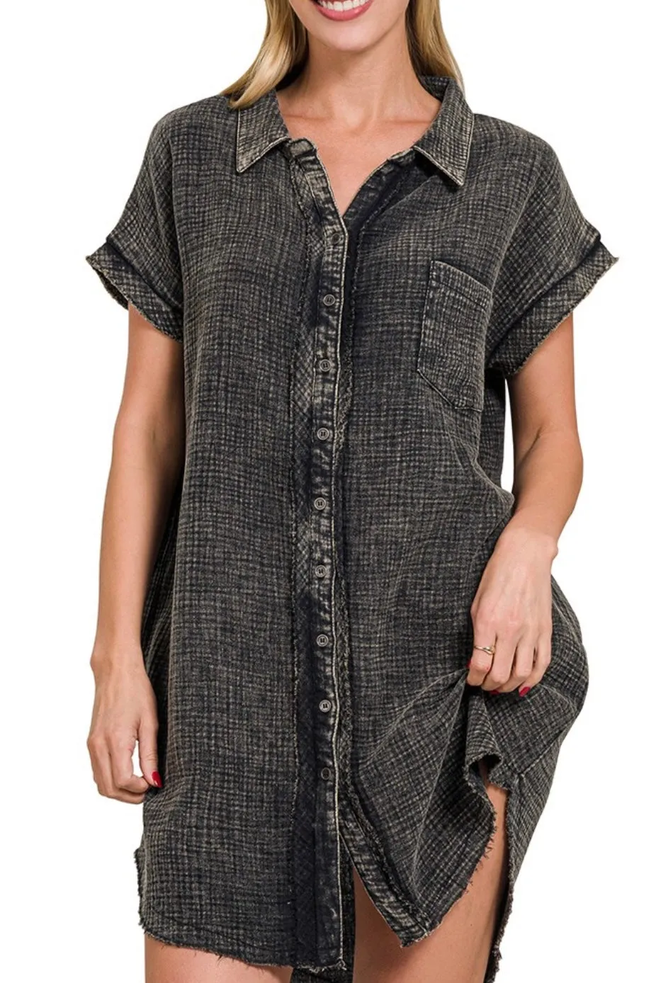 SHORT SLEEVE MINERAL WASH DOUBLE GAUZE BUTTON DOWN SHIRT DRESS
