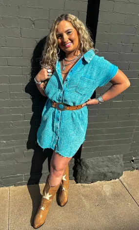 SHORT SLEEVE MINERAL WASH DOUBLE GAUZE BUTTON DOWN SHIRT DRESS