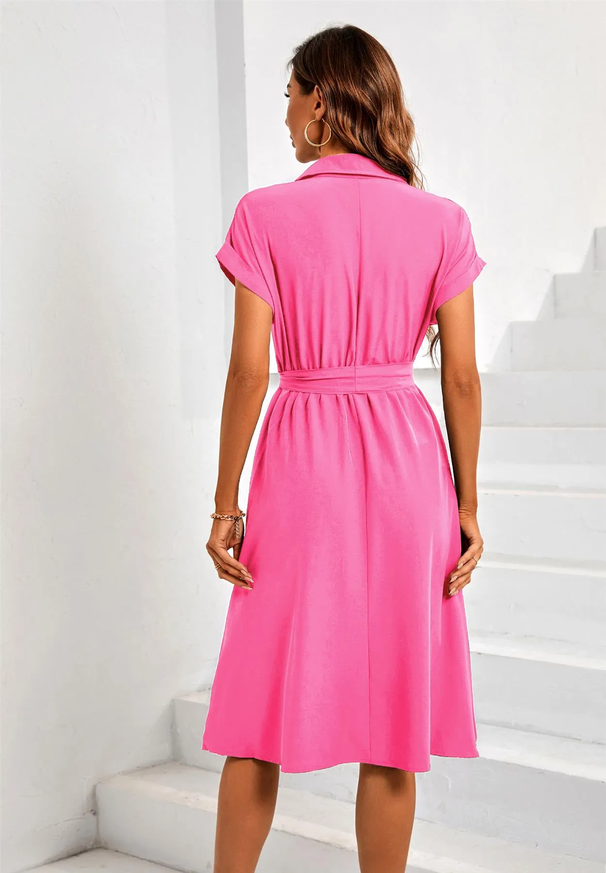 Short Sleeve Shirt Midi Dress In Pink