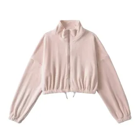 Solid Color Fleece Turtleneck Front Zip-Up Drawstring Jacket