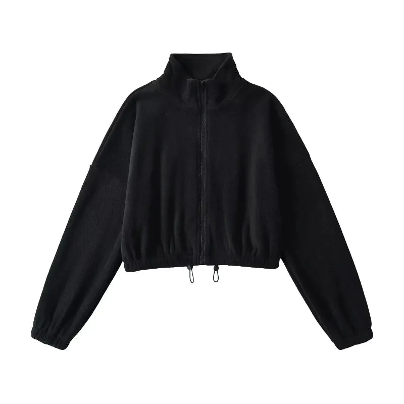 Solid Color Fleece Turtleneck Front Zip-Up Drawstring Jacket
