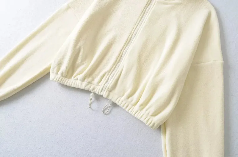 Solid Color Fleece Turtleneck Front Zip-Up Drawstring Jacket