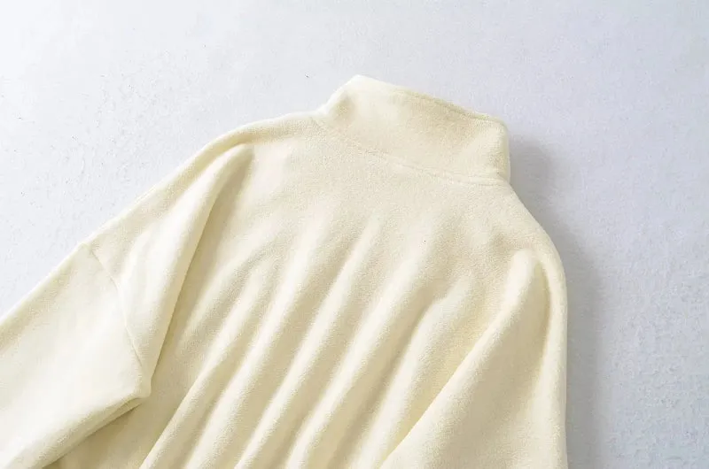 Solid Color Fleece Turtleneck Front Zip-Up Drawstring Jacket