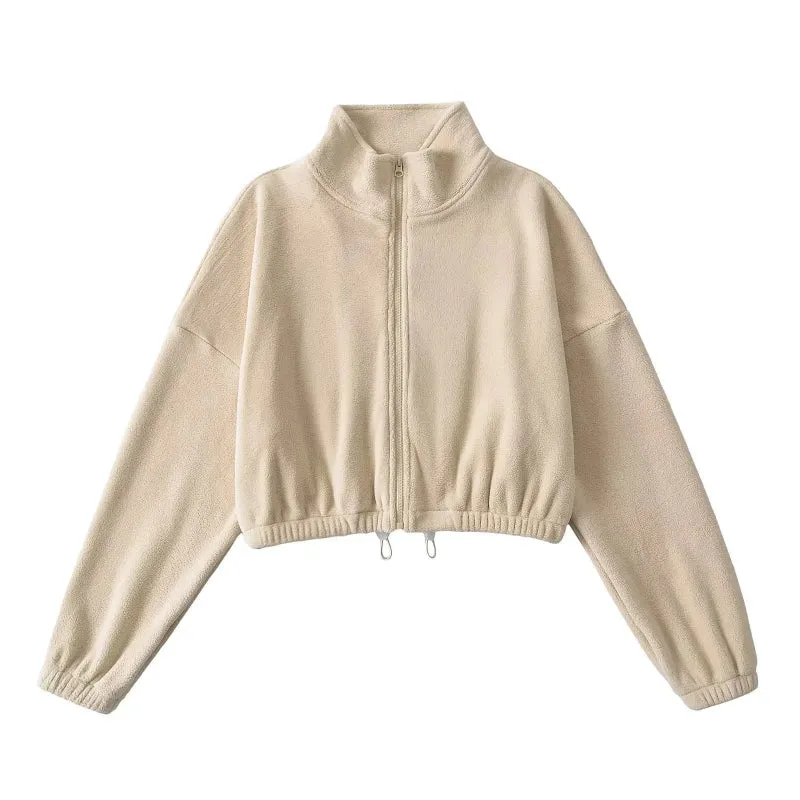Solid Color Fleece Turtleneck Front Zip-Up Drawstring Jacket