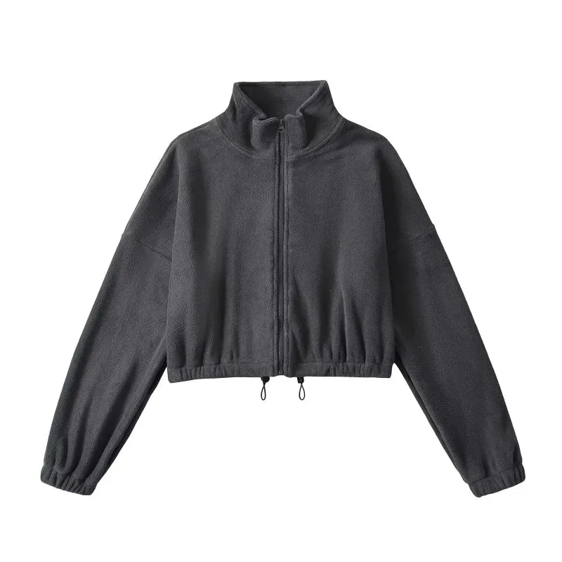 Solid Color Fleece Turtleneck Front Zip-Up Drawstring Jacket