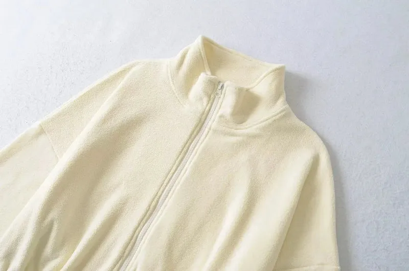 Solid Color Fleece Turtleneck Front Zip-Up Drawstring Jacket