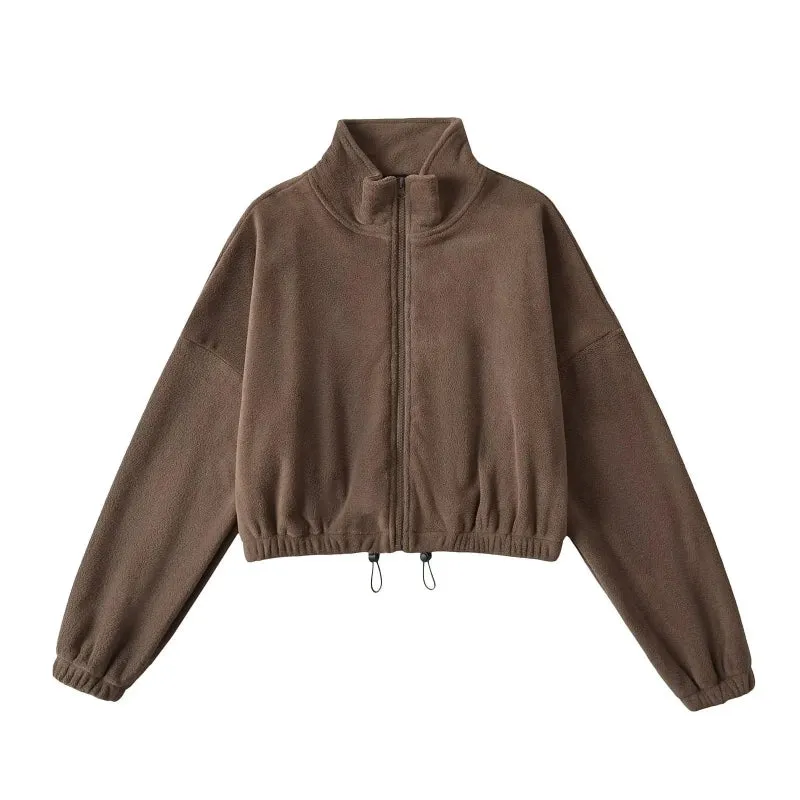 Solid Color Fleece Turtleneck Front Zip-Up Drawstring Jacket