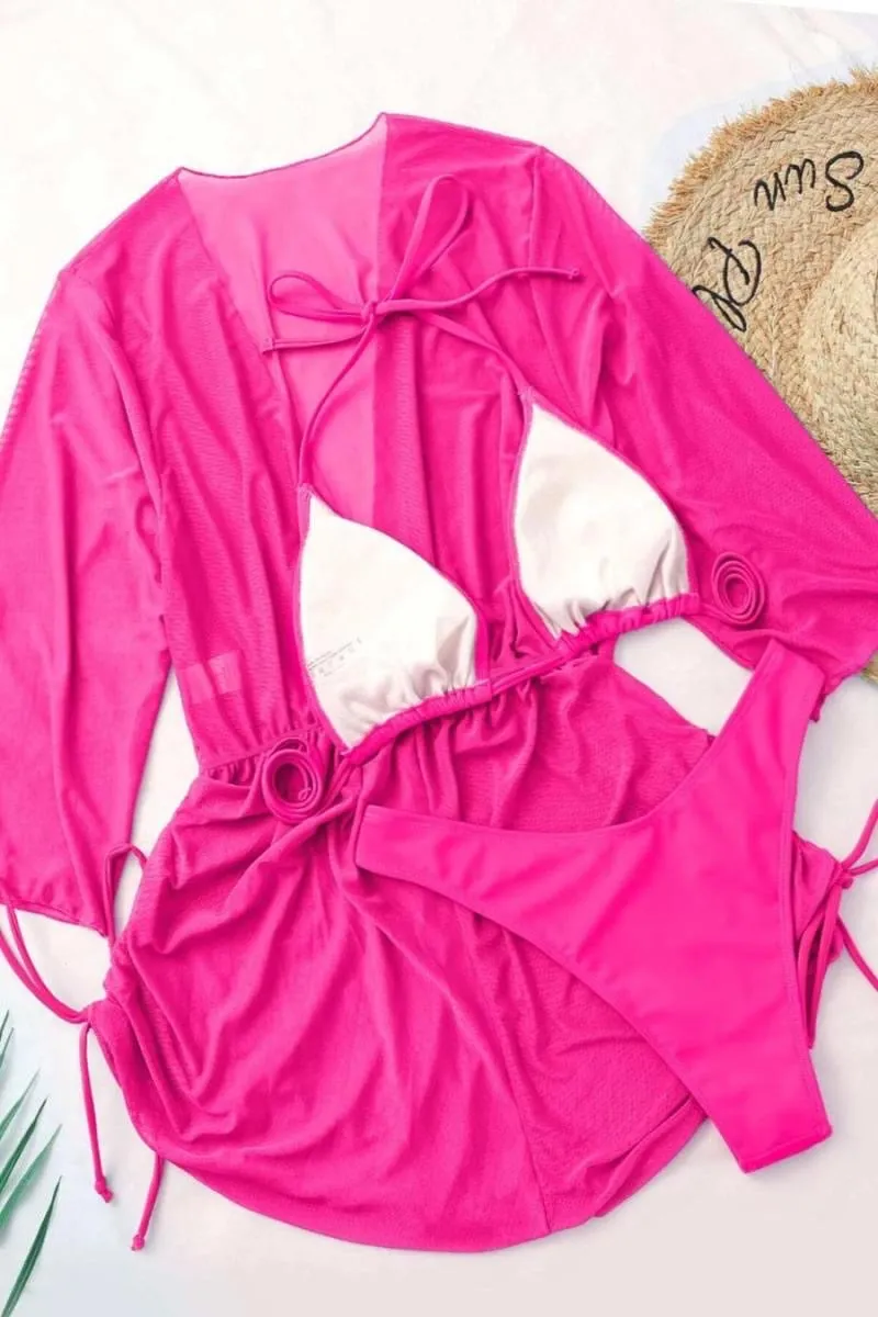 Three Piece Hot Pink Bikini With Matching Romper