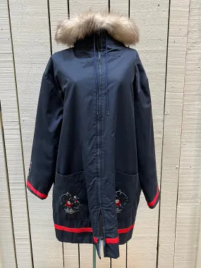 Vintage 80’s Grenfell Handicrafts Navy Northern Parka with Fur Trimmed Hood and Embroidered details, Handmade in Canada, Chest 54”