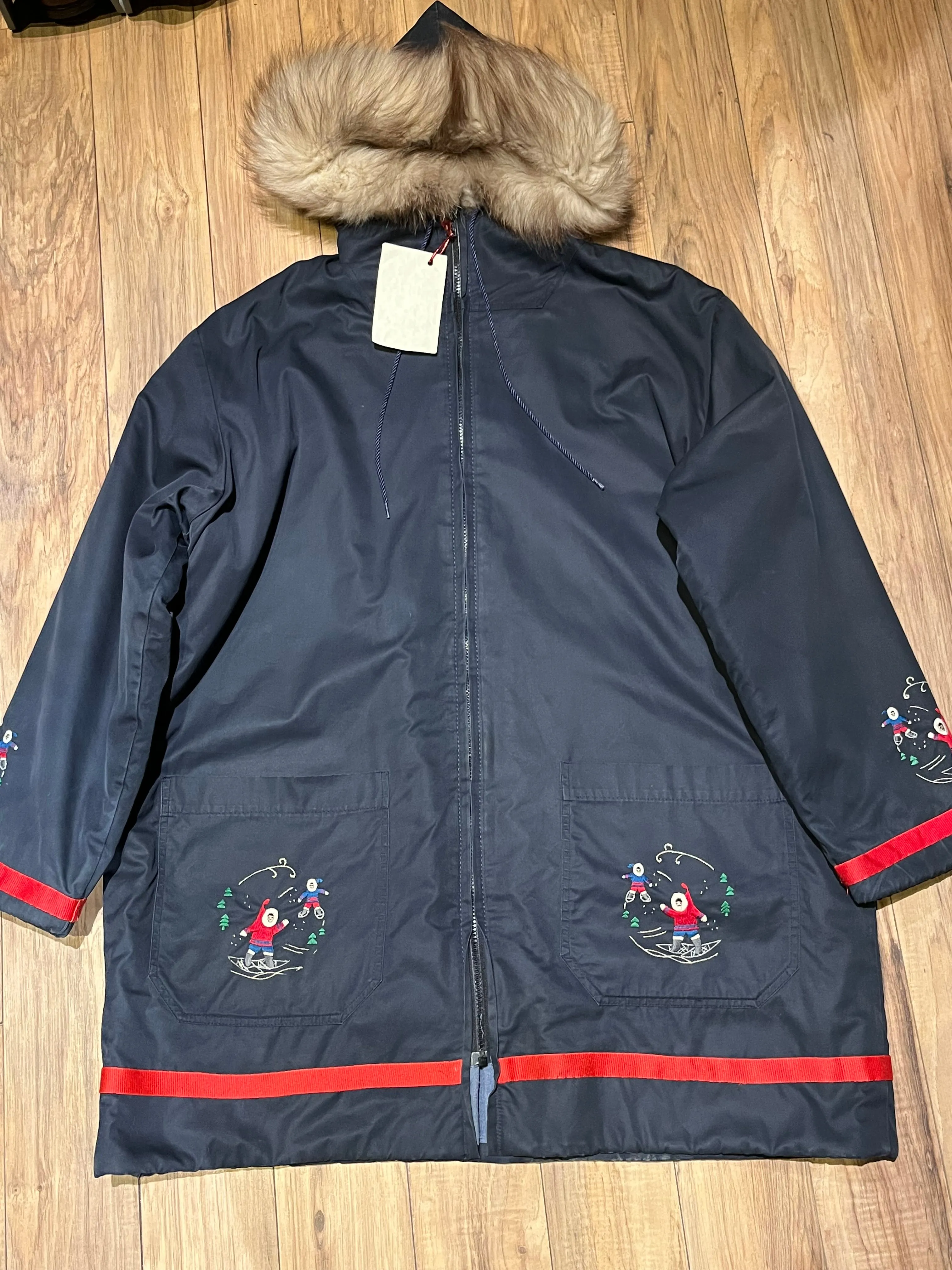 Vintage 80’s Grenfell Handicrafts Navy Northern Parka with Fur Trimmed Hood and Embroidered details, Handmade in Canada, Chest 54”