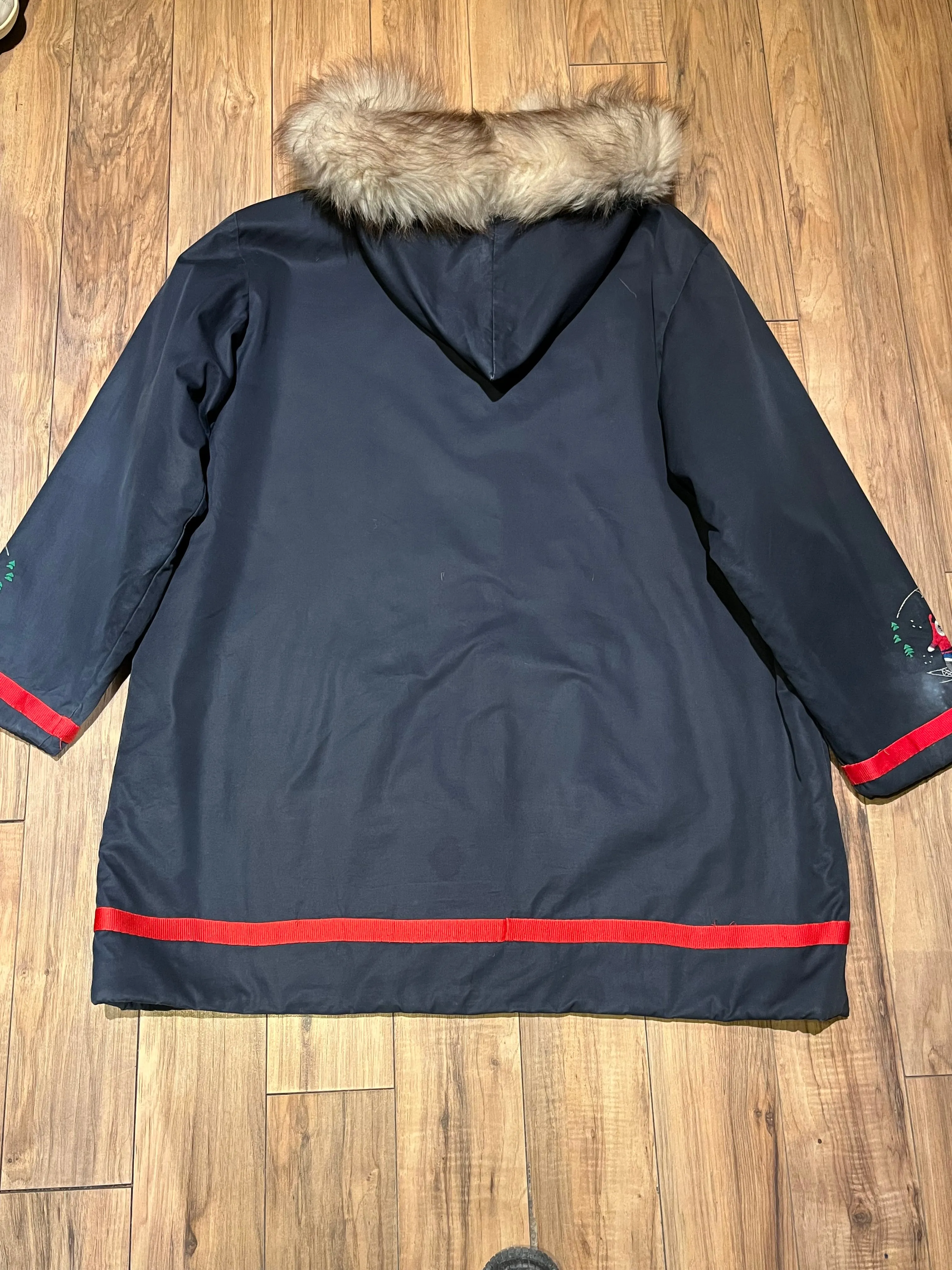 Vintage 80’s Grenfell Handicrafts Navy Northern Parka with Fur Trimmed Hood and Embroidered details, Handmade in Canada, Chest 54”