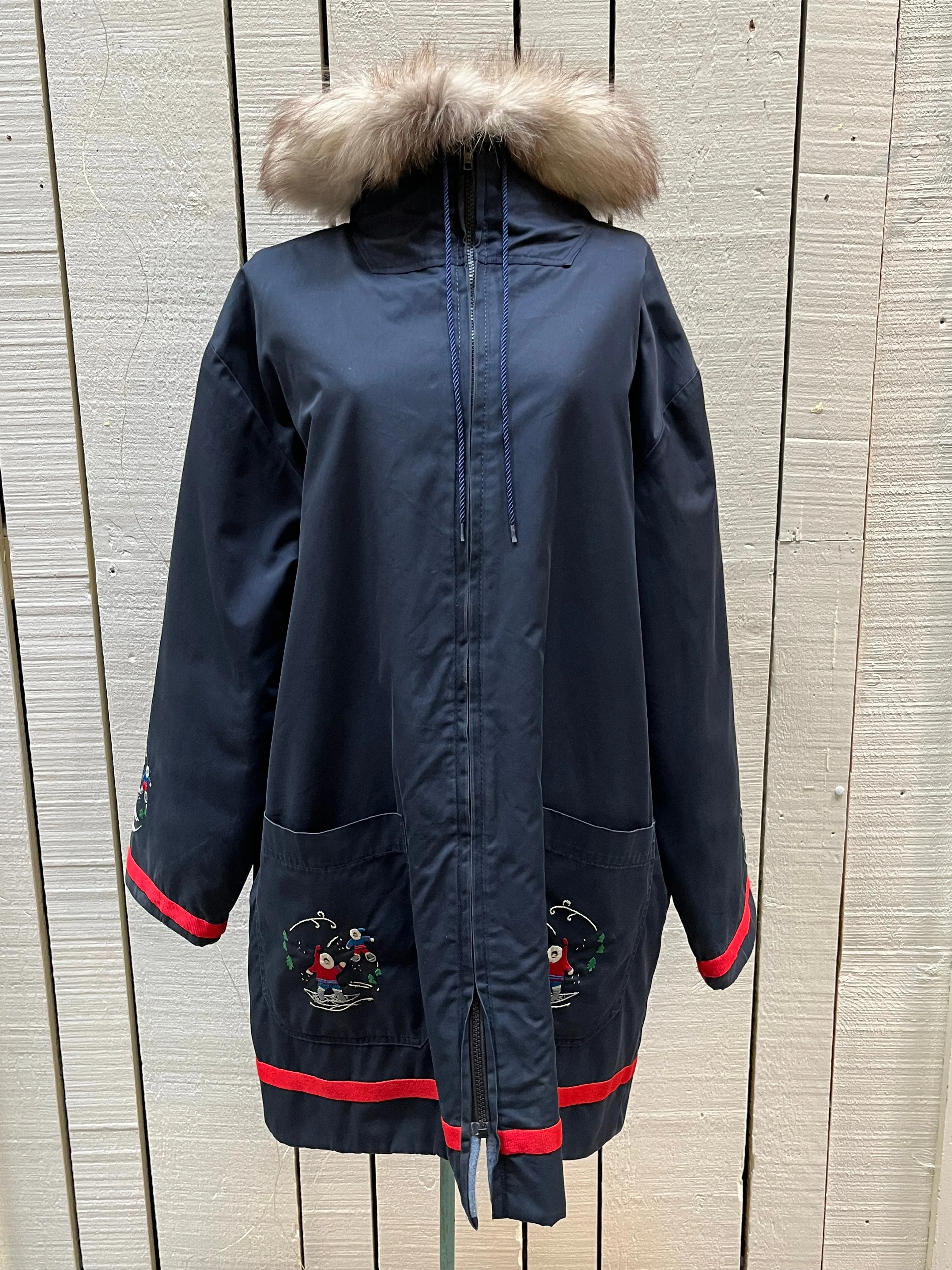 Vintage 80’s Grenfell Handicrafts Navy Northern Parka with Fur Trimmed Hood and Embroidered details, Handmade in Canada, Chest 54”