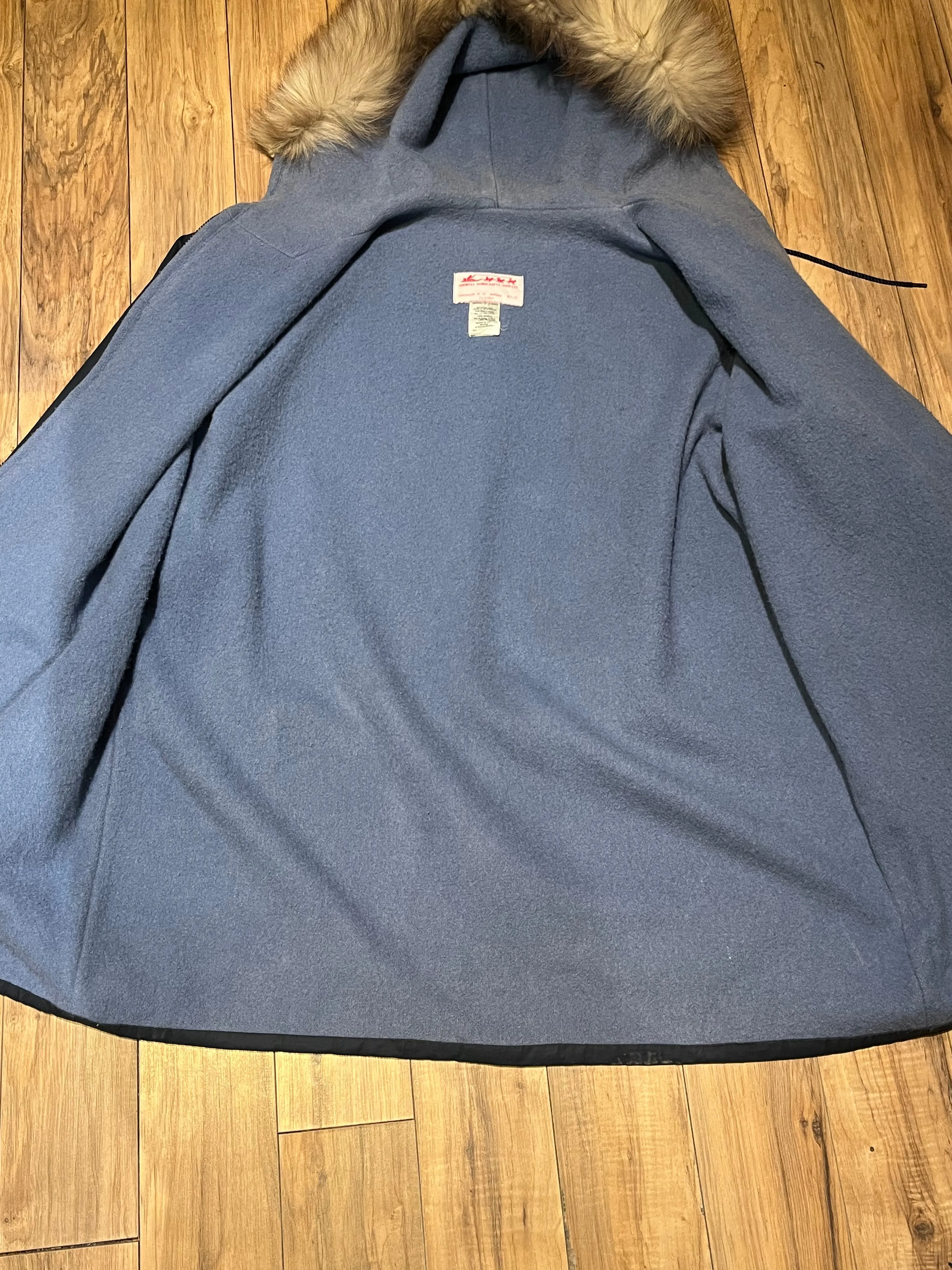 Vintage 80’s Grenfell Handicrafts Navy Northern Parka with Fur Trimmed Hood and Embroidered details, Handmade in Canada, Chest 54”