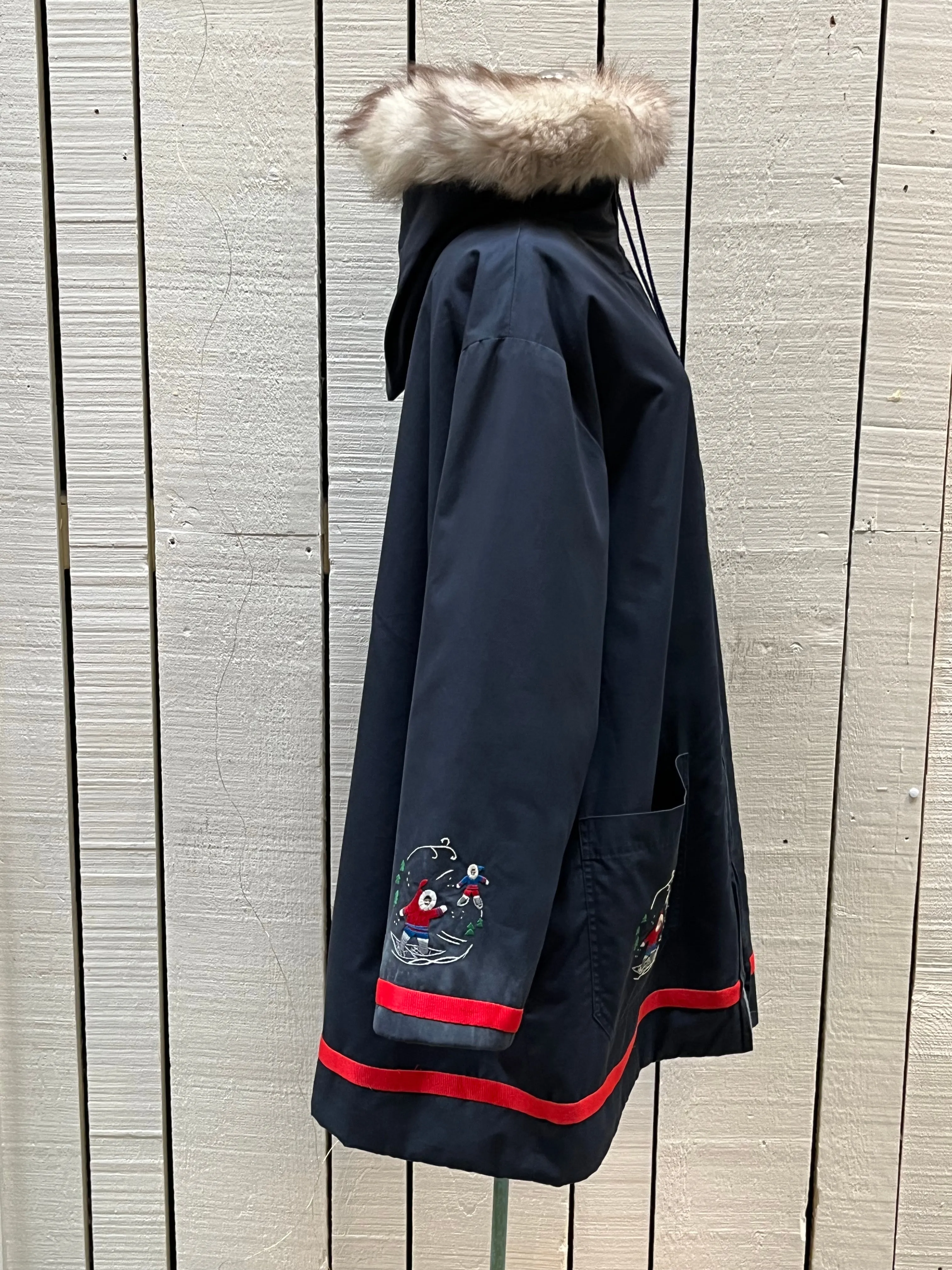 Vintage 80’s Grenfell Handicrafts Navy Northern Parka with Fur Trimmed Hood and Embroidered details, Handmade in Canada, Chest 54”