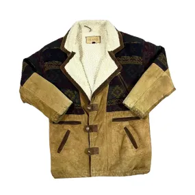 Vintage 90's CHAFER Aztec Pattern Woven Panel Suede Leather Fleece Lined Jacket