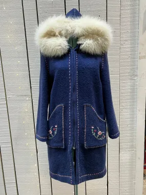 Vintage Blue Wool Northern Parka with White Fur Trimmed Hood and Hand Embroidered Details, Chest 42” SOLD