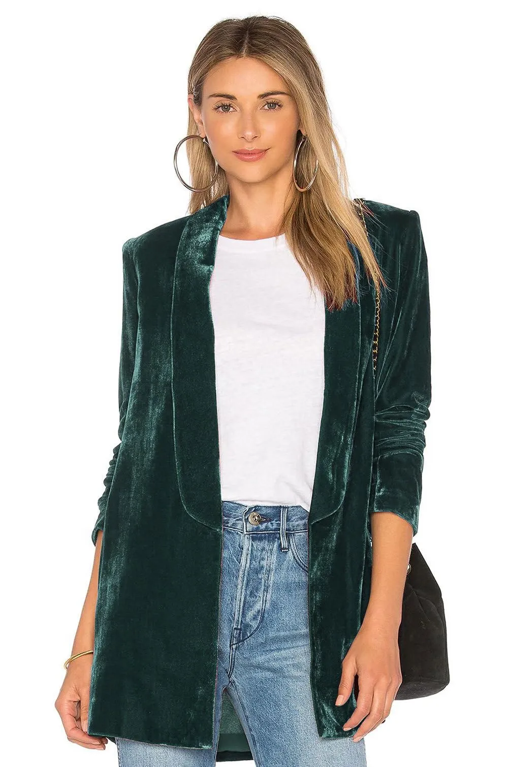 YESFASHION Damen Velvet Blazer Samt Blazer Einfarbig BüRomantel