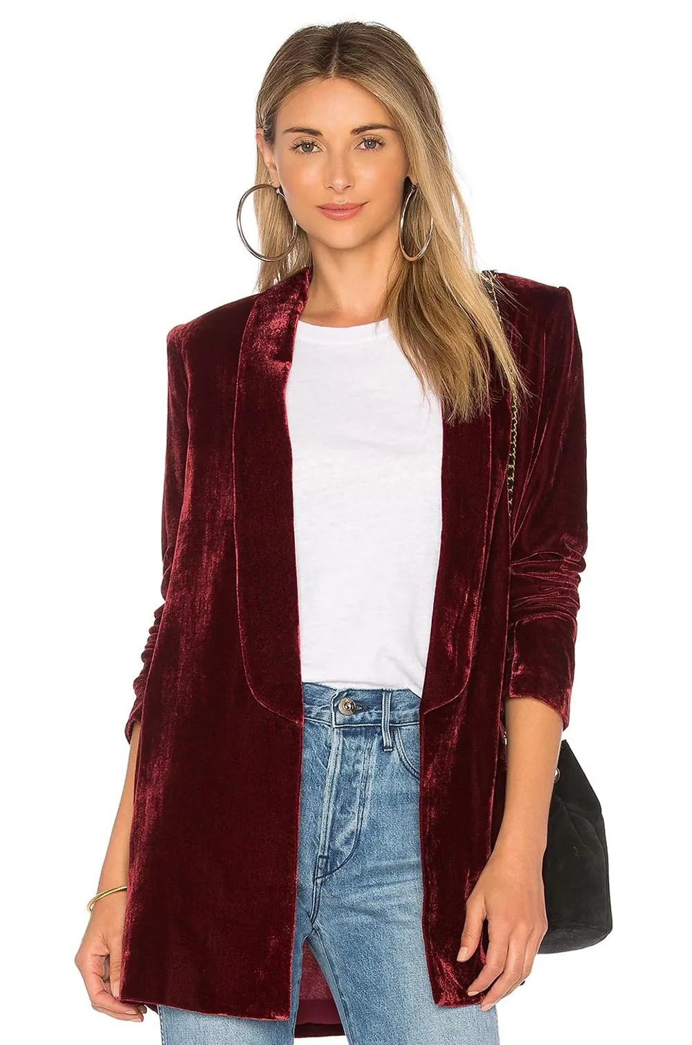 YESFASHION Damen Velvet Blazer Samt Blazer Einfarbig BüRomantel