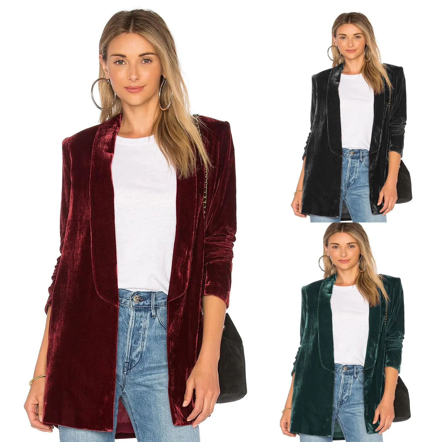 YESFASHION Damen Velvet Blazer Samt Blazer Einfarbig BüRomantel