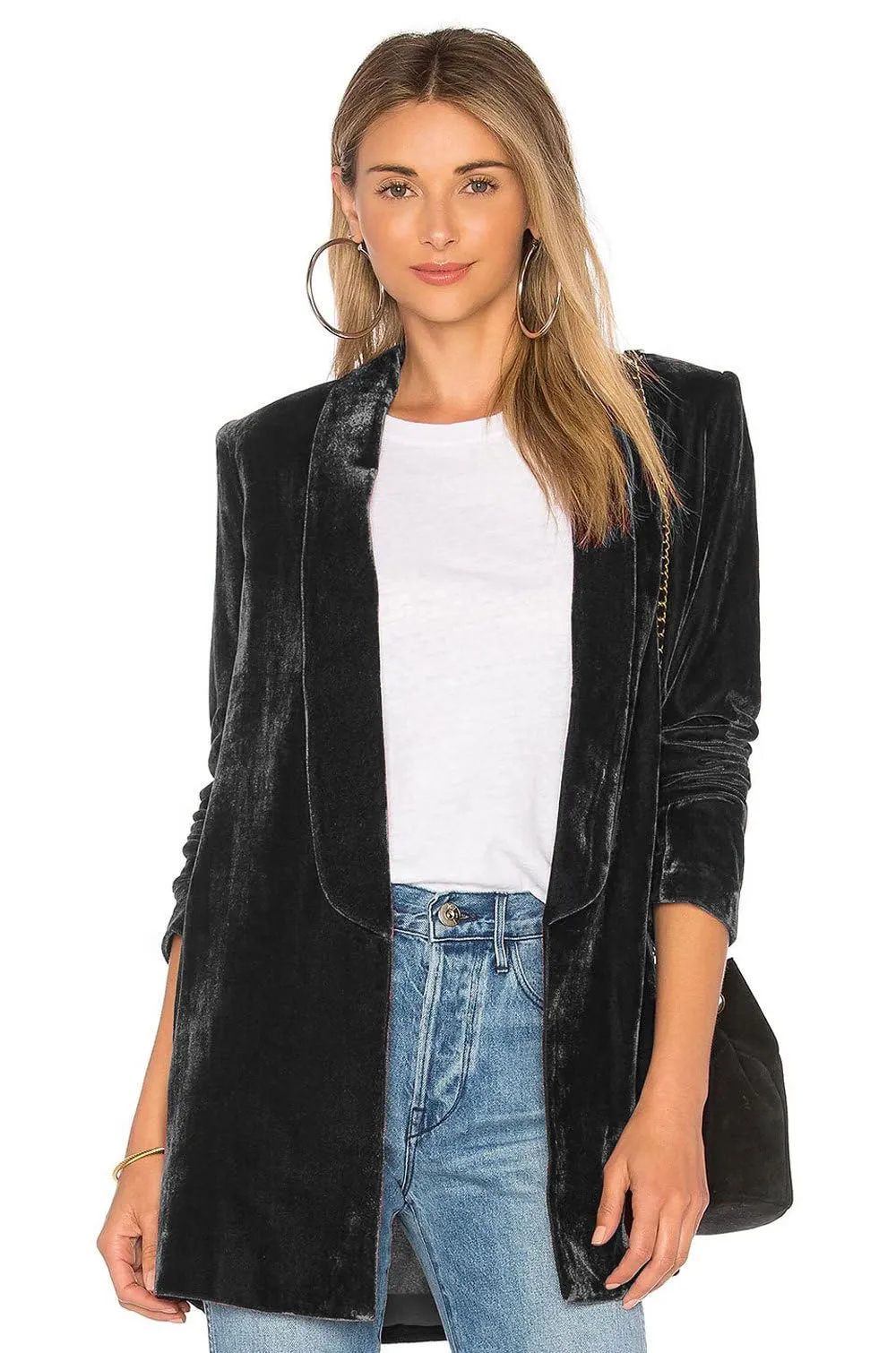 YESFASHION Damen Velvet Blazer Samt Blazer Einfarbig BüRomantel