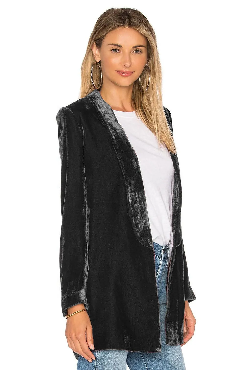 YESFASHION Damen Velvet Blazer Samt Blazer Einfarbig BüRomantel